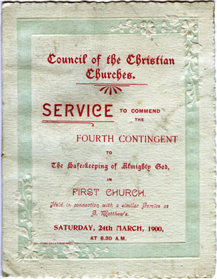 Council of Christian Churches Farewell Serive for the 4th Contingent to South Africa 24 March 1900