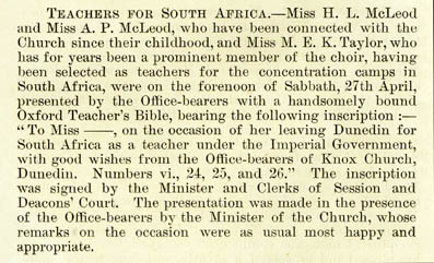 Knox Church Dunedin Teachers for South Africa, 1902