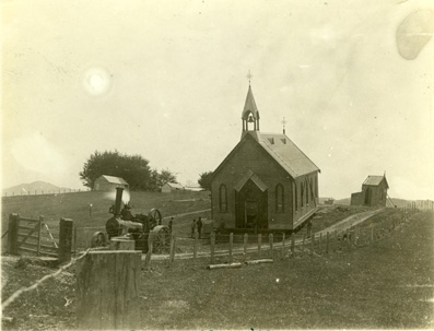 Owaka Presbyterian Church on the move, 1907